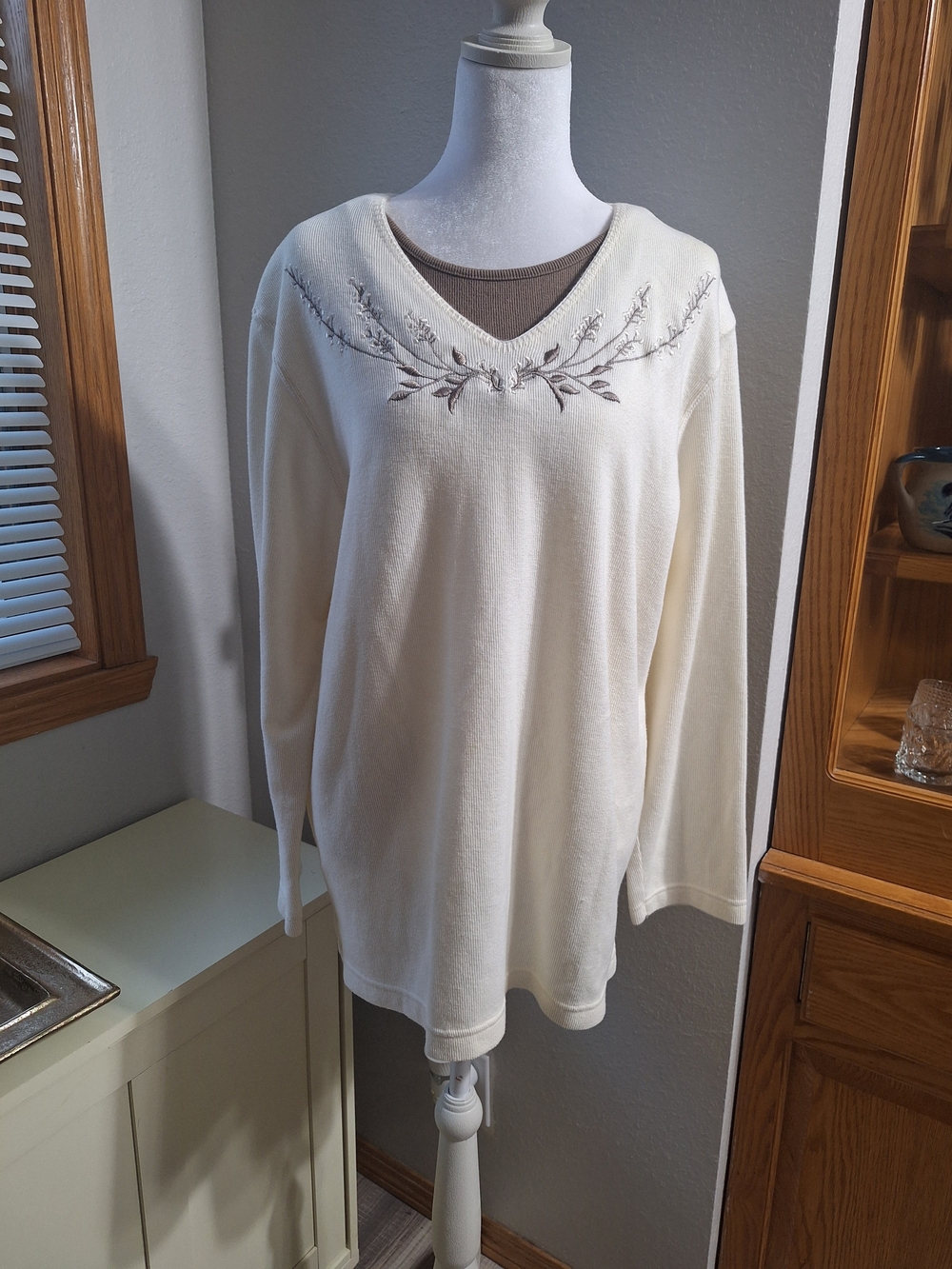 Bobbie Brooks Cream V-Neck Sweater with Brown Floral Detail